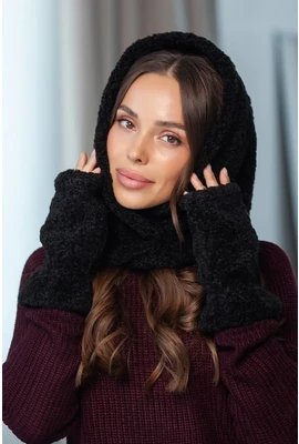 Капор та мітенки з экохутра Тедді Люкс 002 чорний