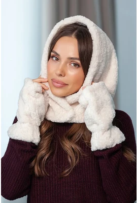 Капор та мітенки з экохутра Тедді Люкс 001 молочний