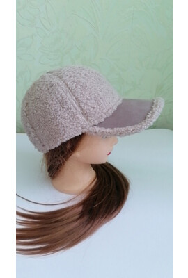 Бейсболка баранчик із замшею світло-бежева (вушки) 208-17